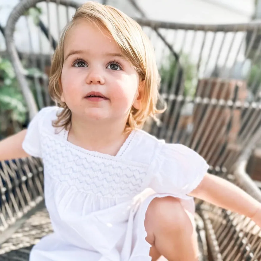 Amelia White Cotton Dress, Smocked