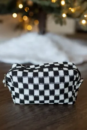 Black Checkered Knitted Zipper Makeup Bag