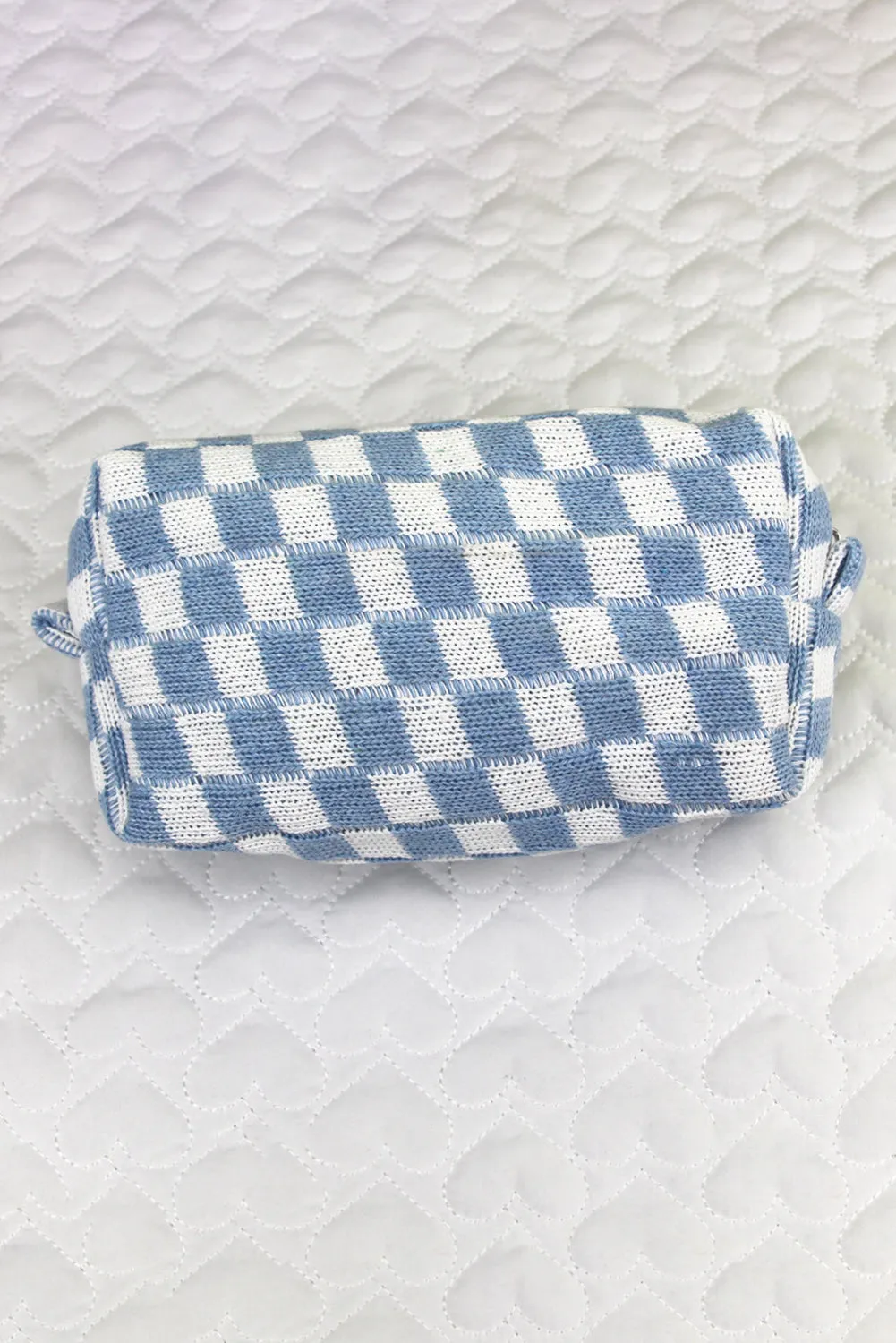 Black Checkered Knitted Zipper Makeup Bag