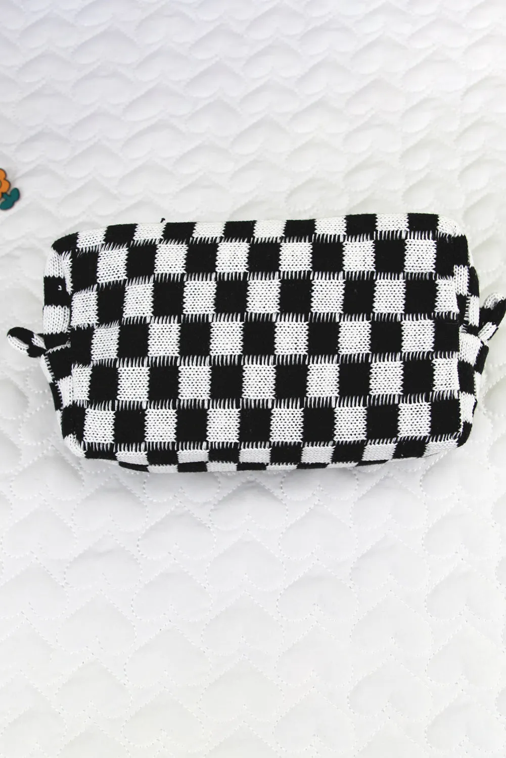 Black Checkered Knitted Zipper Makeup Bag