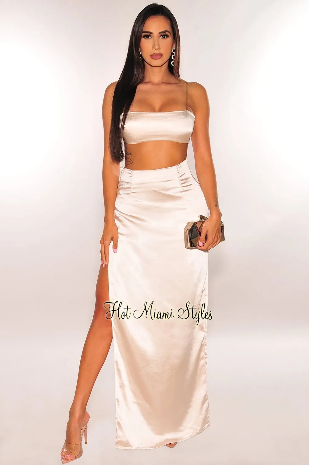 Champagne Elastic Satin Straps Silky Slit Skirt Two Piece Set