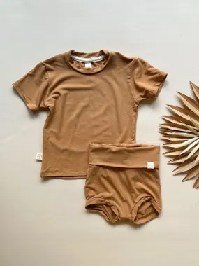 Fold Over Bloomers and Short Sleeve Tee Set | Clay | Luxury Bamboo