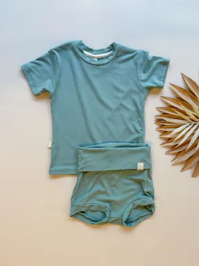 Fold Over Bloomers and Short Sleeve Tee Set | Seafoam | Luxury Bamboo