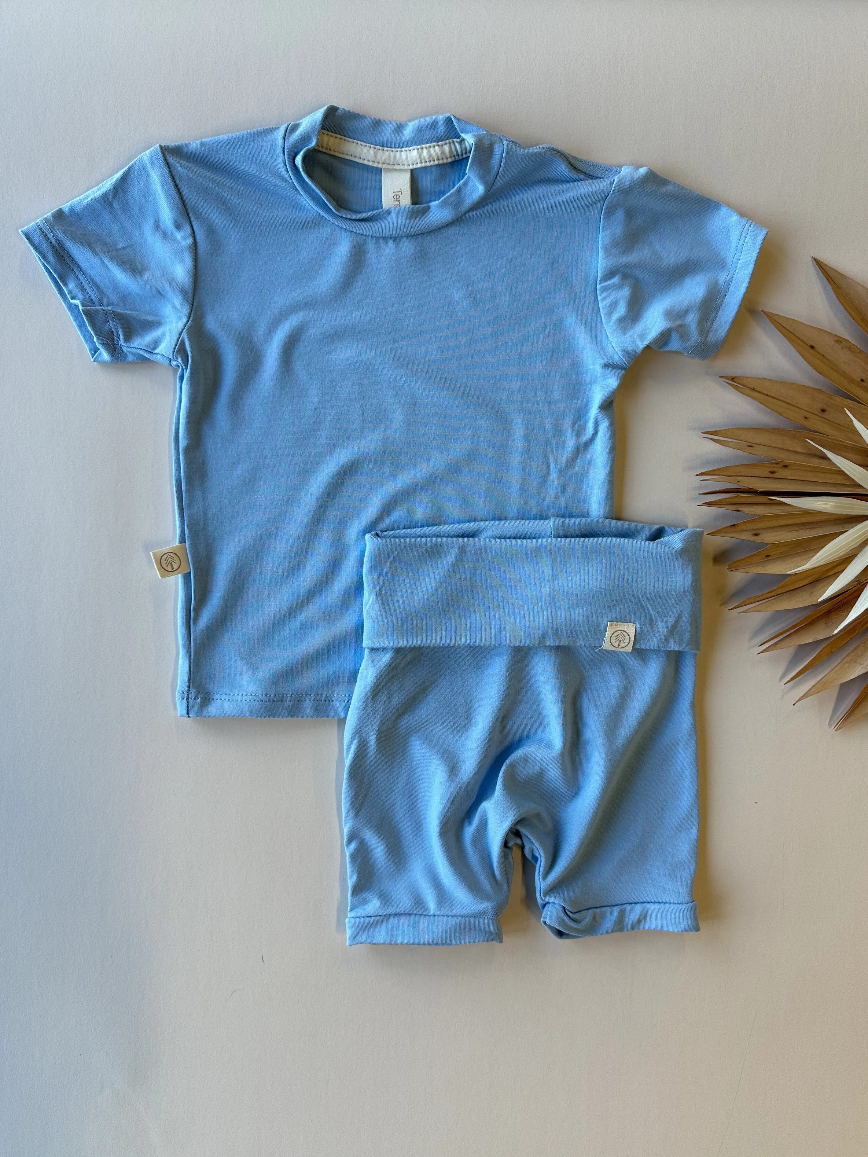 Fold Over Shorties and Short Sleeve Tee Set | Ocean | Luxury Bamboo