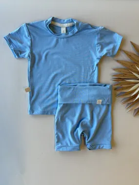 Fold Over Shorties and Short Sleeve Tee Set | Ocean | Luxury Bamboo