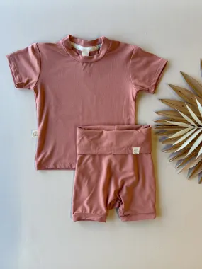 Fold Over Shorties and Short Sleeve Tee Set | Salmon | Luxury Bamboo