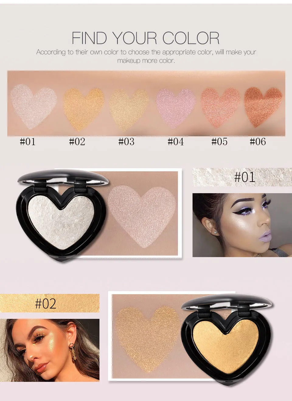 Gold Highlighter Palette Cosmetic Iluminador Face Contour Glow Makeup Bronze Powder Roze Shimmer High Lighter Heart