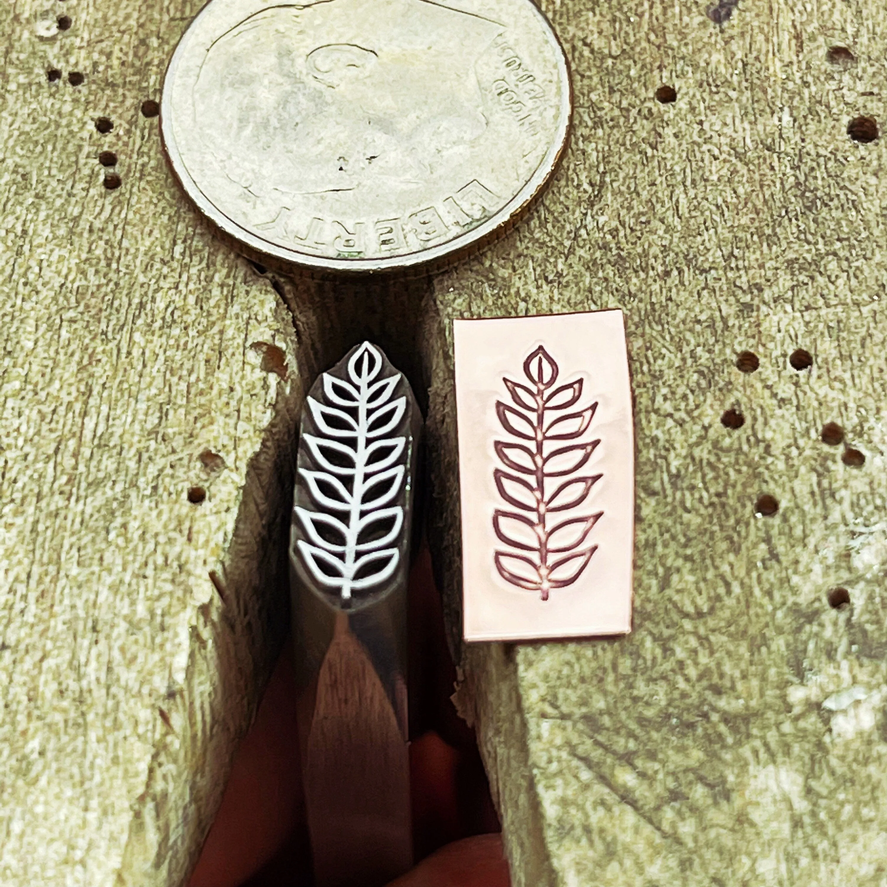 Leaf Line Dance Raised Design. Engraved Metal Hand Stamp Handmade.