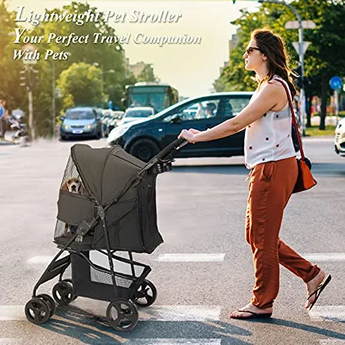 Pet Stroller - Cat Dog Strollers Easy to Walk Folding Travel Carrier Cart, for Medium Small Dogs Lightweight Animal Puppy Stroller with Skylight, Storage Basket, Cup Holder Storage Tray (Black)