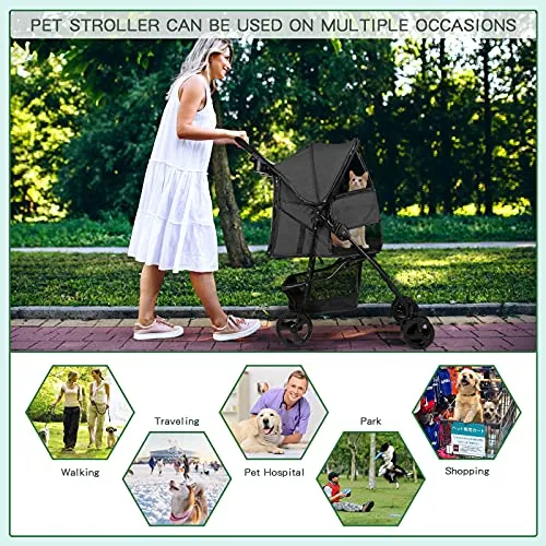 Pet Stroller - Cat Dog Strollers Easy to Walk Folding Travel Carrier Cart, for Medium Small Dogs Lightweight Animal Puppy Stroller with Skylight, Storage Basket, Cup Holder Storage Tray (Black)