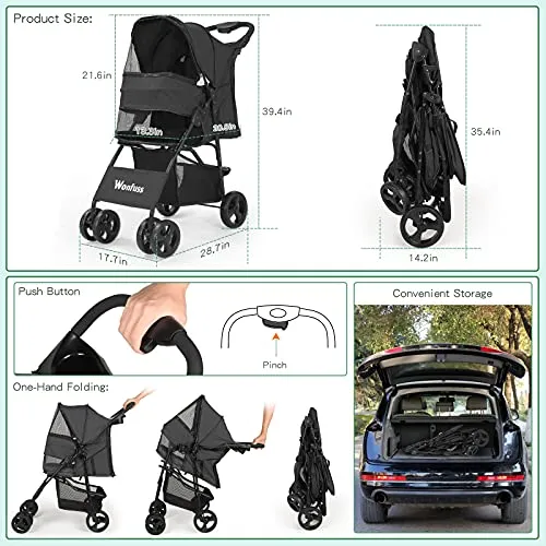 Pet Stroller - Cat Dog Strollers Easy to Walk Folding Travel Carrier Cart, for Medium Small Dogs Lightweight Animal Puppy Stroller with Skylight, Storage Basket, Cup Holder Storage Tray (Black)