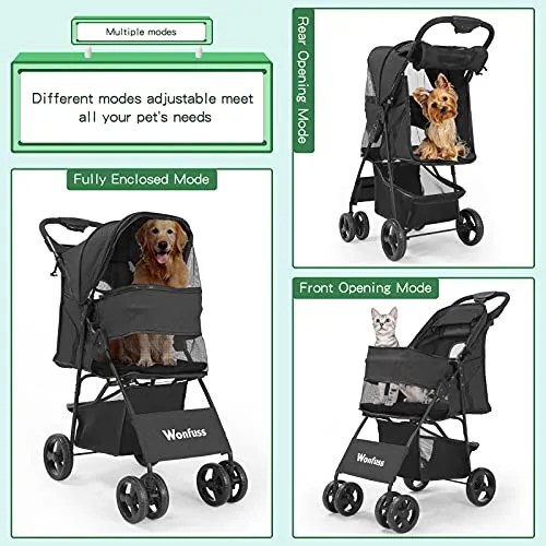 Pet Stroller - Cat Dog Strollers Easy to Walk Folding Travel Carrier Cart, for Medium Small Dogs Lightweight Animal Puppy Stroller with Skylight, Storage Basket, Cup Holder Storage Tray (Black)