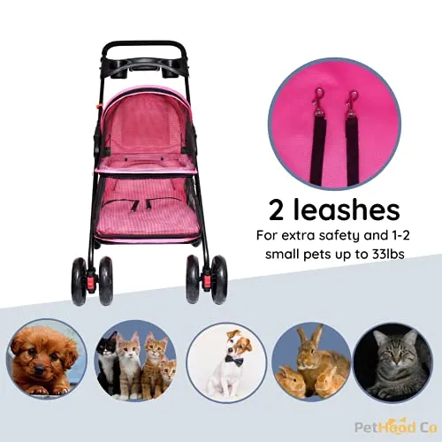 PetHood Co Pink Dog Stroller for Small Pets like Cat Rabbit Bunny Puppies Little Dogs. Double Cat Stroller, 2 Leashes Inside for Safety. 33lb weight limit. 4 Wheels Cart Buggy. Cat Stroller for 2 Cats