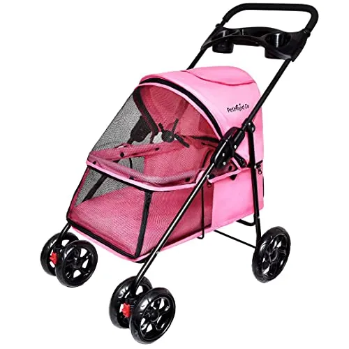 PetHood Co Pink Dog Stroller for Small Pets like Cat Rabbit Bunny Puppies Little Dogs. Double Cat Stroller, 2 Leashes Inside for Safety. 33lb weight limit. 4 Wheels Cart Buggy. Cat Stroller for 2 Cats