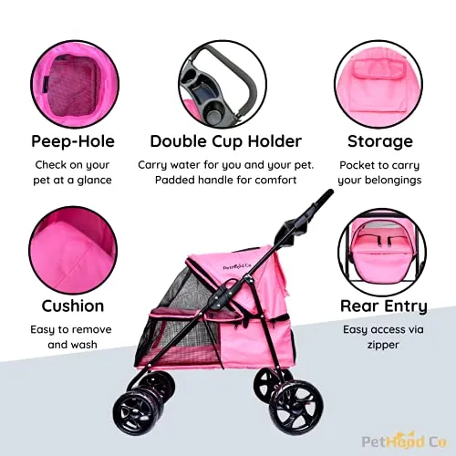 PetHood Co Pink Dog Stroller for Small Pets like Cat Rabbit Bunny Puppies Little Dogs. Double Cat Stroller, 2 Leashes Inside for Safety. 33lb weight limit. 4 Wheels Cart Buggy. Cat Stroller for 2 Cats