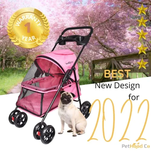 PetHood Co Pink Dog Stroller for Small Pets like Cat Rabbit Bunny Puppies Little Dogs. Double Cat Stroller, 2 Leashes Inside for Safety. 33lb weight limit. 4 Wheels Cart Buggy. Cat Stroller for 2 Cats