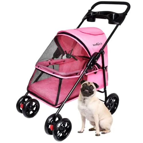 PetHood Co Pink Dog Stroller for Small Pets like Cat Rabbit Bunny Puppies Little Dogs. Double Cat Stroller, 2 Leashes Inside for Safety. 33lb weight limit. 4 Wheels Cart Buggy. Cat Stroller for 2 Cats