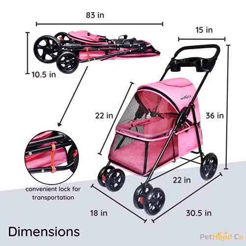 PetHood Co Pink Dog Stroller for Small Pets like Cat Rabbit Bunny Puppies Little Dogs. Double Cat Stroller, 2 Leashes Inside for Safety. 33lb weight limit. 4 Wheels Cart Buggy. Cat Stroller for 2 Cats