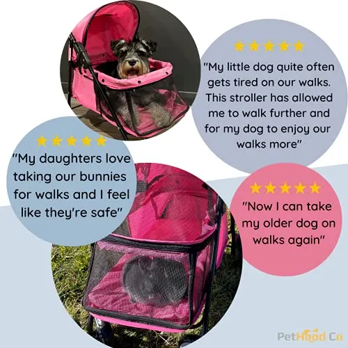 PetHood Co Pink Dog Stroller for Small Pets like Cat Rabbit Bunny Puppies Little Dogs. Double Cat Stroller, 2 Leashes Inside for Safety. 33lb weight limit. 4 Wheels Cart Buggy. Cat Stroller for 2 Cats