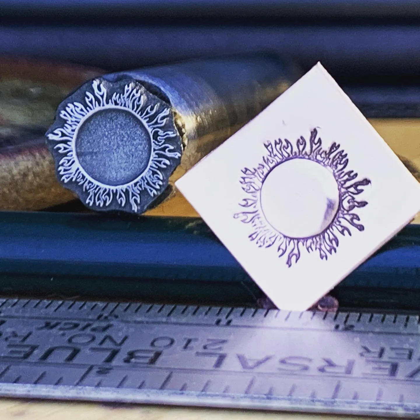 Sun Dance. Chromosphere. Great for small cabochons. Engraved Metal Hand Stamp.