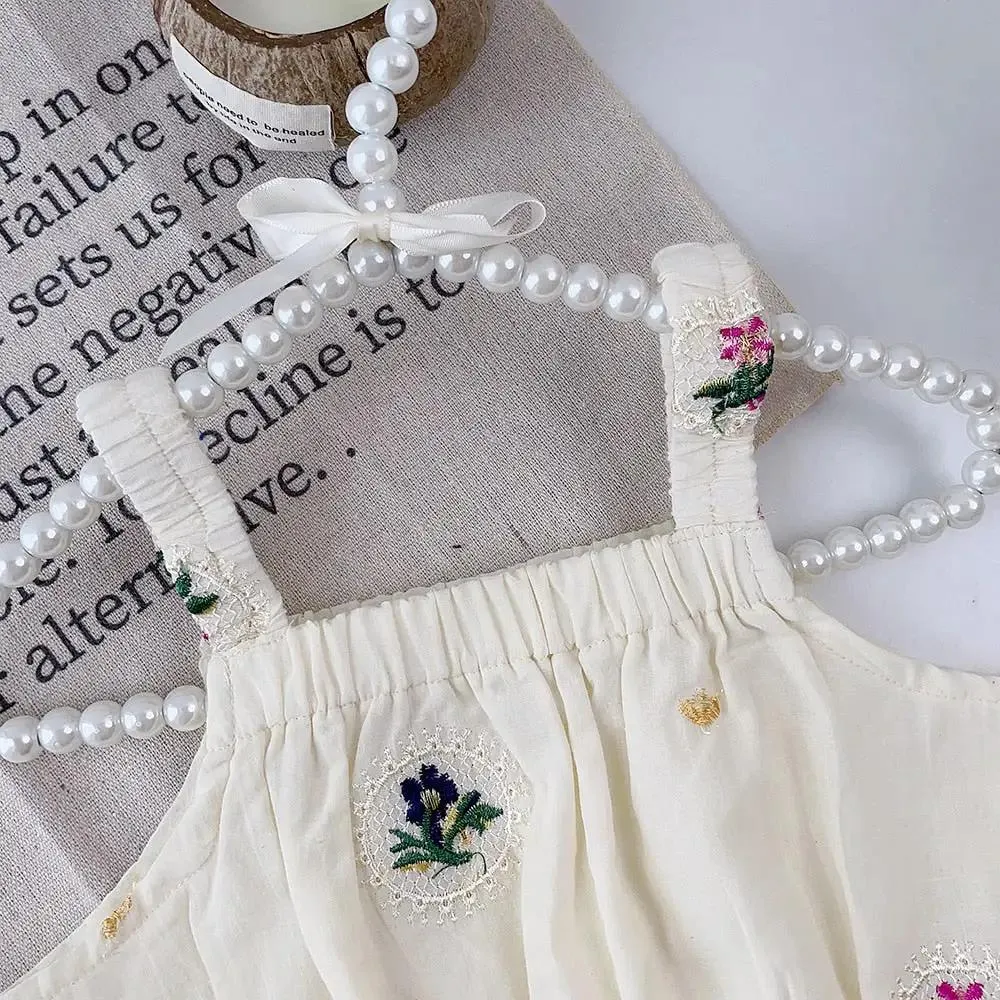 White Embroidered Crop Top and Skirt Set for Girls