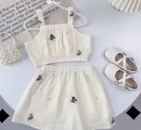 White Embroidered Crop Top and Skirt Set for Girls