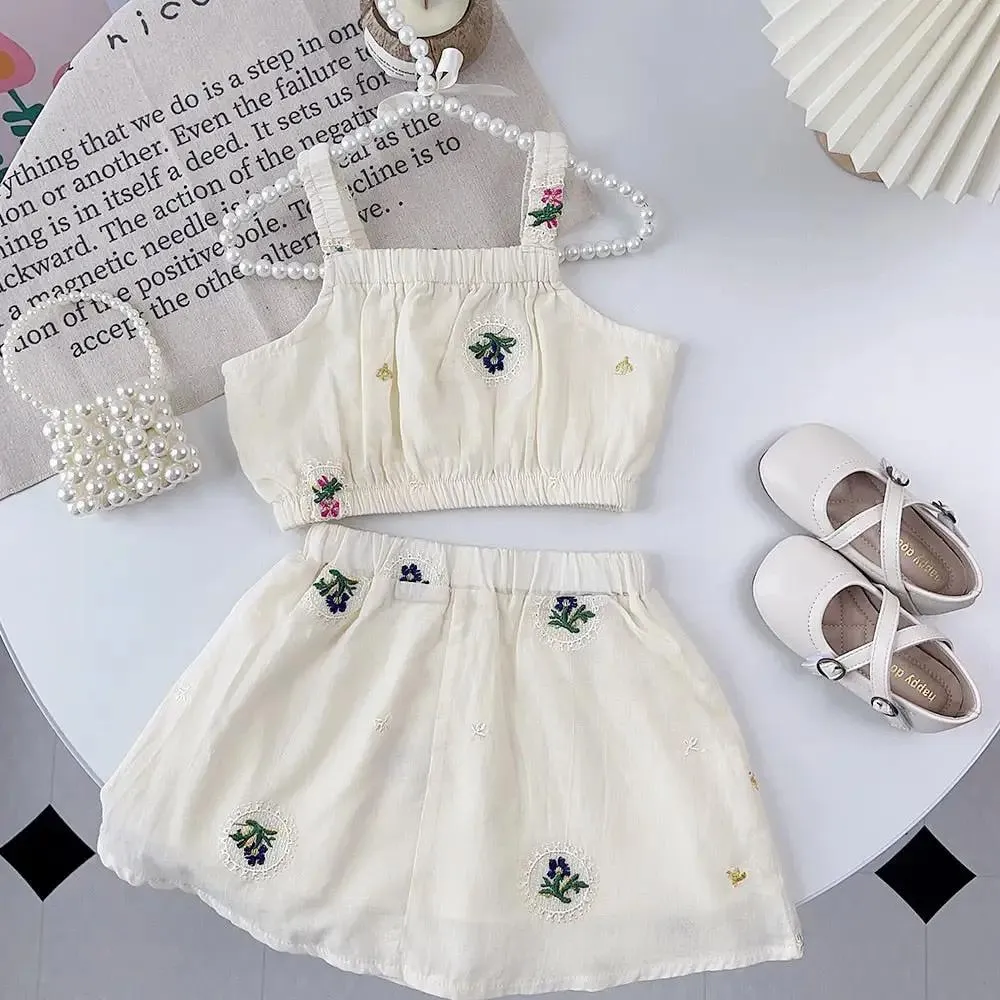 White Embroidered Crop Top and Skirt Set for Girls